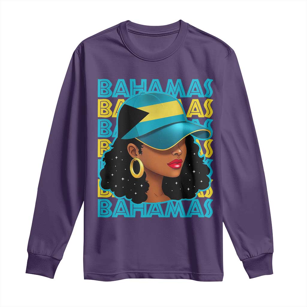 Bahamian Girl Long Sleeve Shirt Melanin Afro Messy Bun Black Woman Bahamas Flag TS10 Purple Print Your Wear