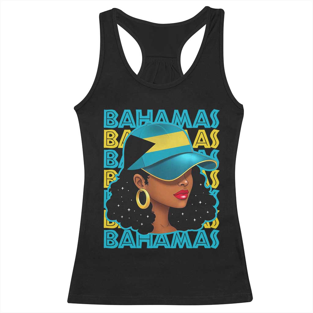 Bahamian Girl Racerback Tank Top Melanin Afro Messy Bun Black Woman Bahamas Flag TS10 Black Print Your Wear