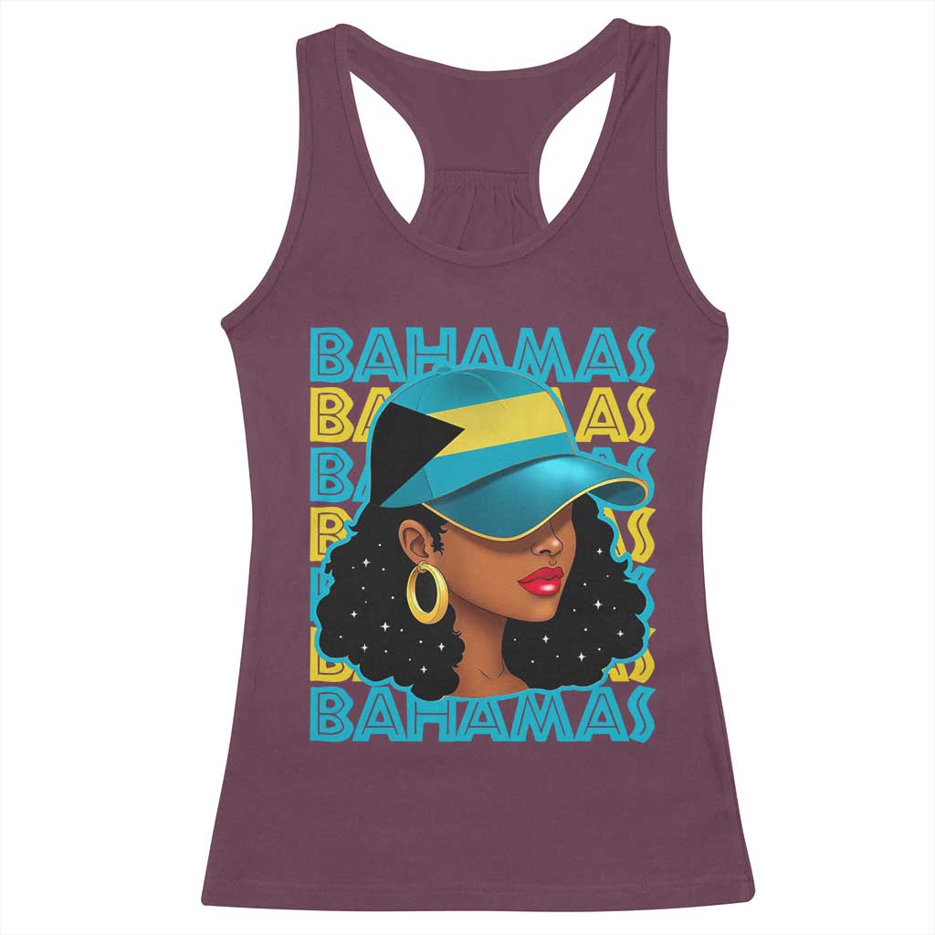 Bahamian Girl Racerback Tank Top Melanin Afro Messy Bun Black Woman Bahamas Flag TS10 Maroon Print Your Wear