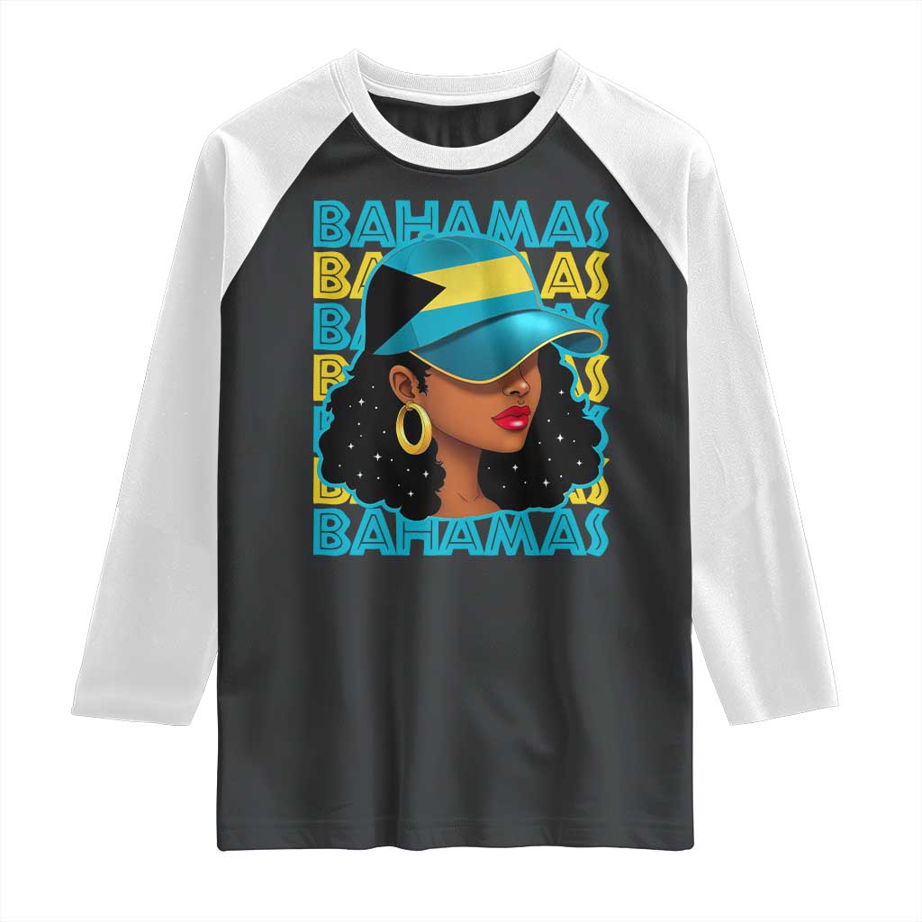 Bahamian Girl Raglan Shirt Melanin Afro Messy Bun Black Woman Bahamas Flag TS10 Black White Print Your Wear