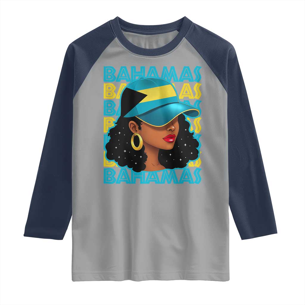 Bahamian Girl Raglan Shirt Melanin Afro Messy Bun Black Woman Bahamas Flag TS10 Sport Gray Navy Print Your Wear