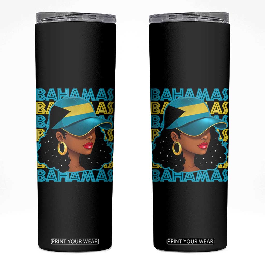 Bahamian Girl Skinny Tumbler Melanin Afro Messy Bun Black Woman Bahamas Flag TS10 Black Print Your Wear