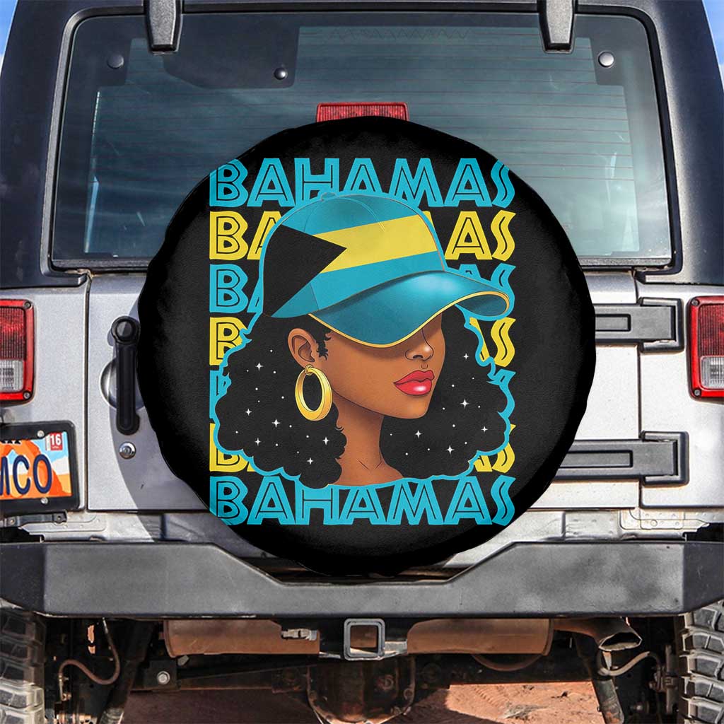 Bahamian Girl Spare Tire Cover Melanin Afro Messy Bun Black Woman Bahamas Flag TS10 No hole Black Print Your Wear