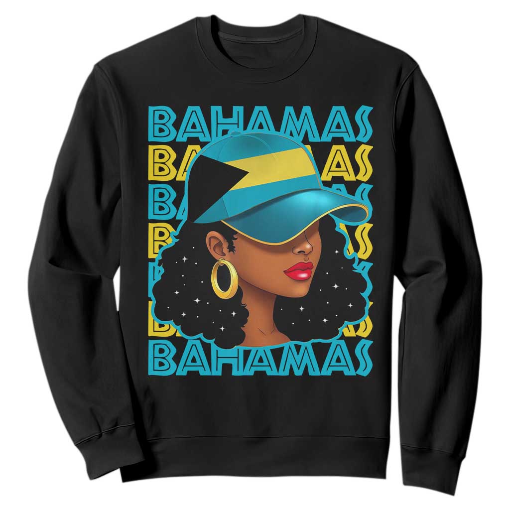 Bahamian Girl Sweatshirt Melanin Afro Messy Bun Black Woman Bahamas Flag TS10 Black Print Your Wear