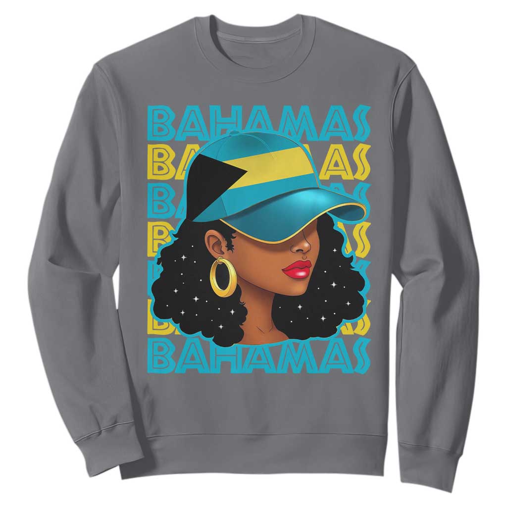 Bahamian Girl Sweatshirt Melanin Afro Messy Bun Black Woman Bahamas Flag TS10 Charcoal Print Your Wear