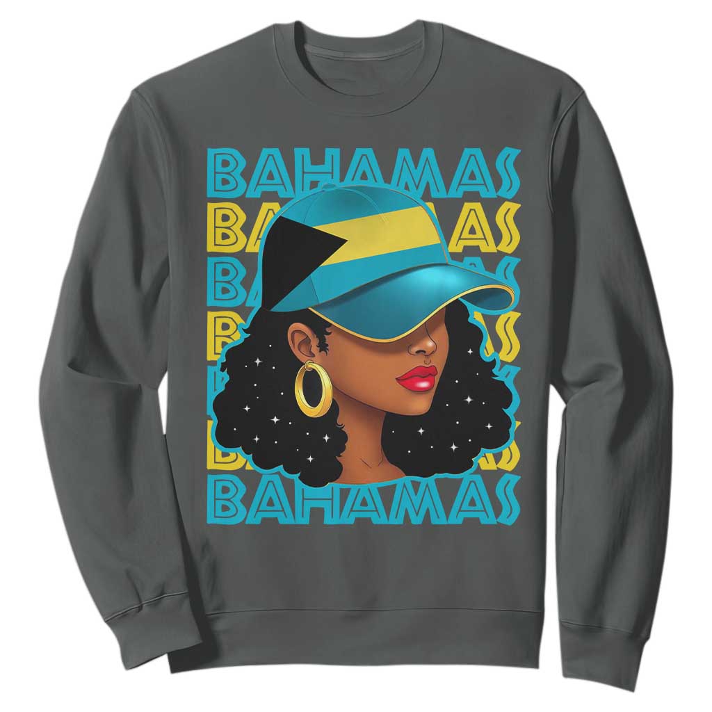Bahamian Girl Sweatshirt Melanin Afro Messy Bun Black Woman Bahamas Flag TS10 Dark Heather Print Your Wear