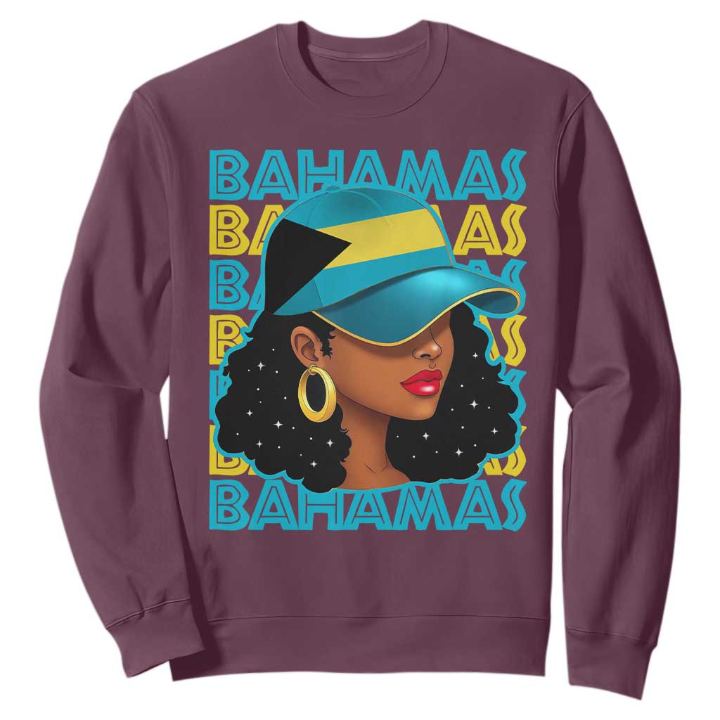 Bahamian Girl Sweatshirt Melanin Afro Messy Bun Black Woman Bahamas Flag TS10 Maroon Print Your Wear