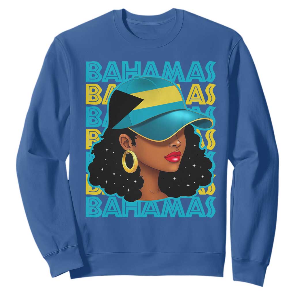 Bahamian Girl Sweatshirt Melanin Afro Messy Bun Black Woman Bahamas Flag TS10 Royal Blue Print Your Wear
