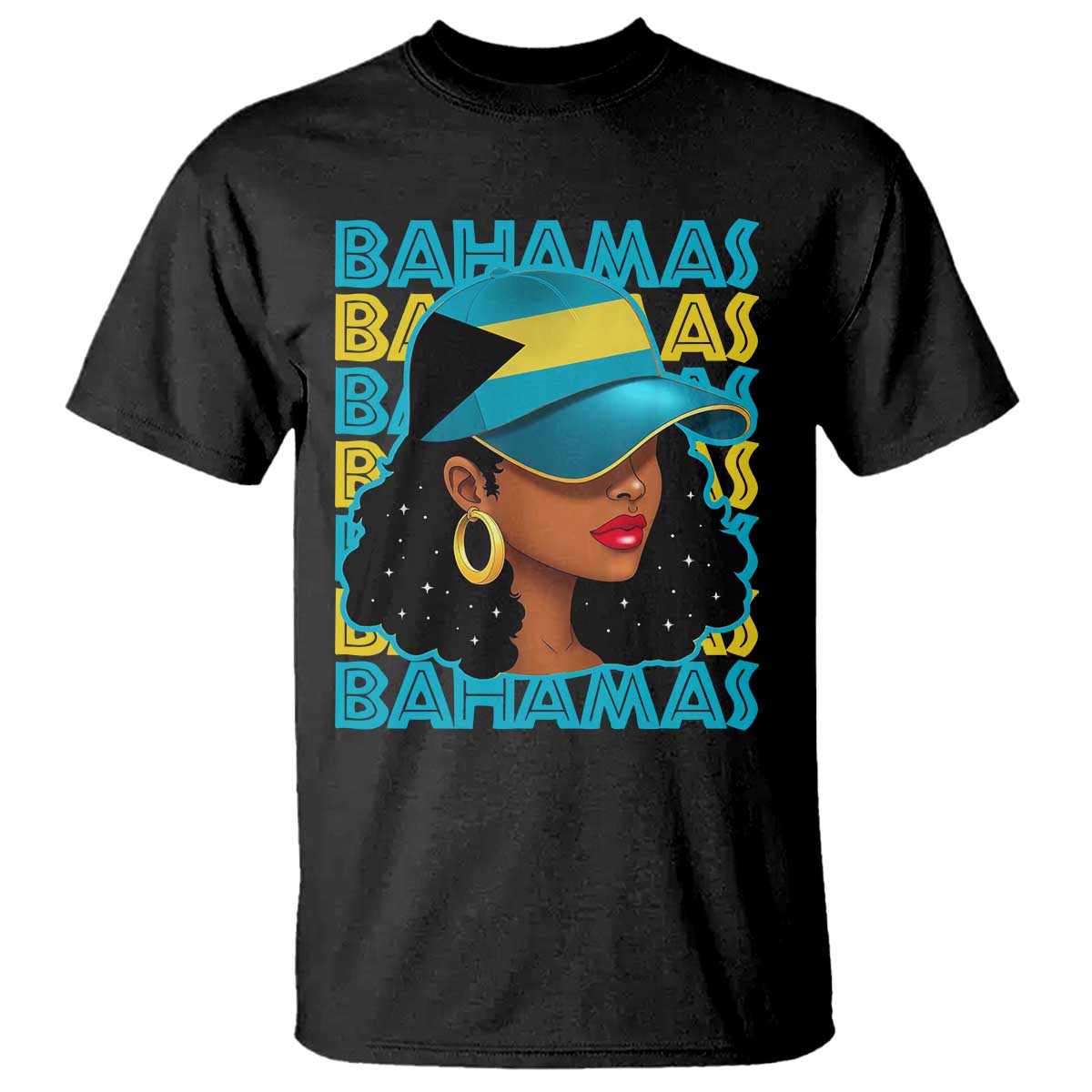 Bahamian Girl T Shirt Melanin Afro Messy Bun Black Woman Bahamas Flag TS10 Black Print Your Wear