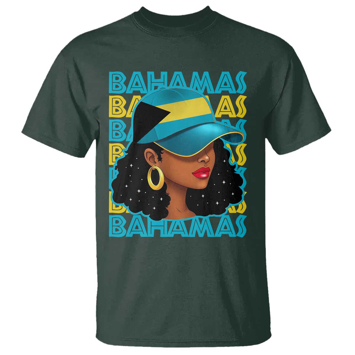 Bahamian Girl T Shirt Melanin Afro Messy Bun Black Woman Bahamas Flag TS10 Dark Forest Green Print Your Wear