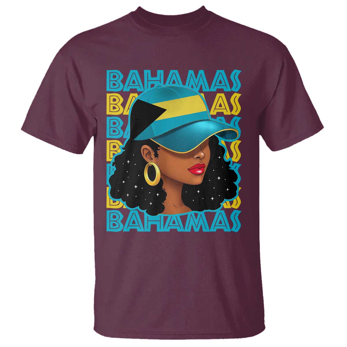 Bahamian Girl T Shirt Melanin Afro Messy Bun Black Woman Bahamas Flag TS10 Maroon Print Your Wear
