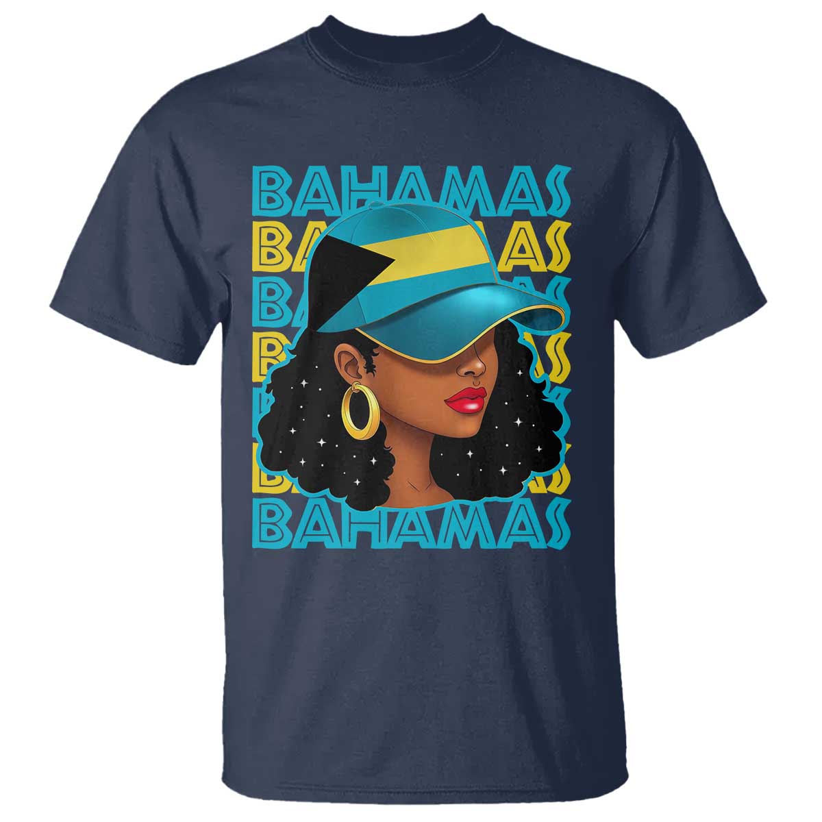 Bahamian Girl T Shirt Melanin Afro Messy Bun Black Woman Bahamas Flag TS10 Navy Print Your Wear