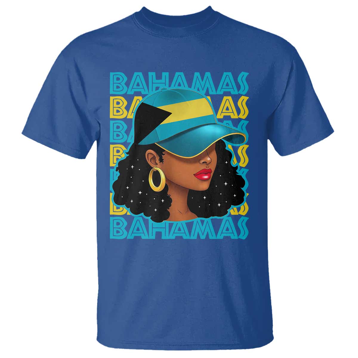 Bahamian Girl T Shirt Melanin Afro Messy Bun Black Woman Bahamas Flag TS10 Royal Blue Print Your Wear
