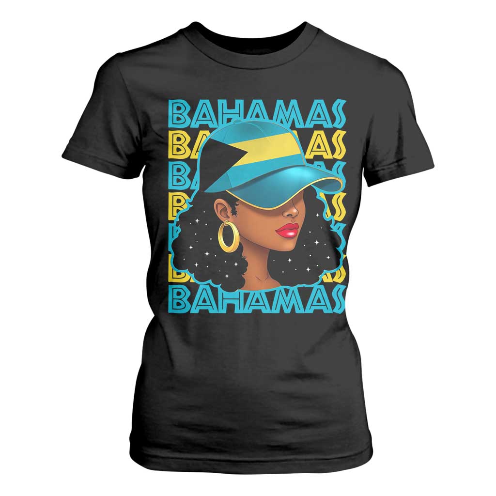 Bahamian Girl T Shirt For Women Melanin Afro Messy Bun Black Woman Bahamas Flag TS10 Black Print Your Wear