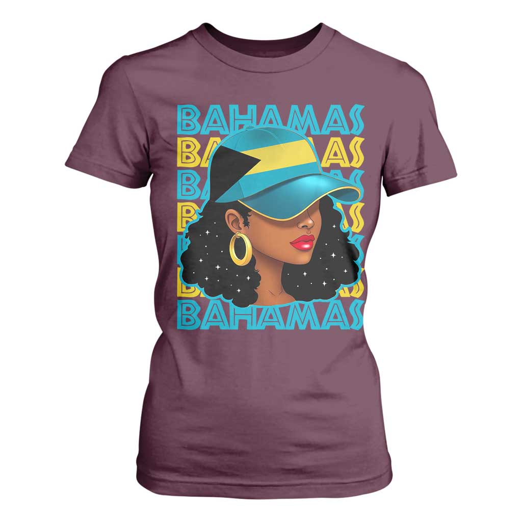 Bahamian Girl T Shirt For Women Melanin Afro Messy Bun Black Woman Bahamas Flag TS10 Maroon Print Your Wear