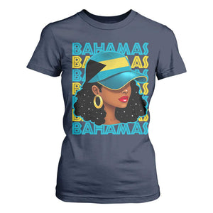Bahamian Girl T Shirt For Women Melanin Afro Messy Bun Black Woman Bahamas Flag TS10 Navy Print Your Wear