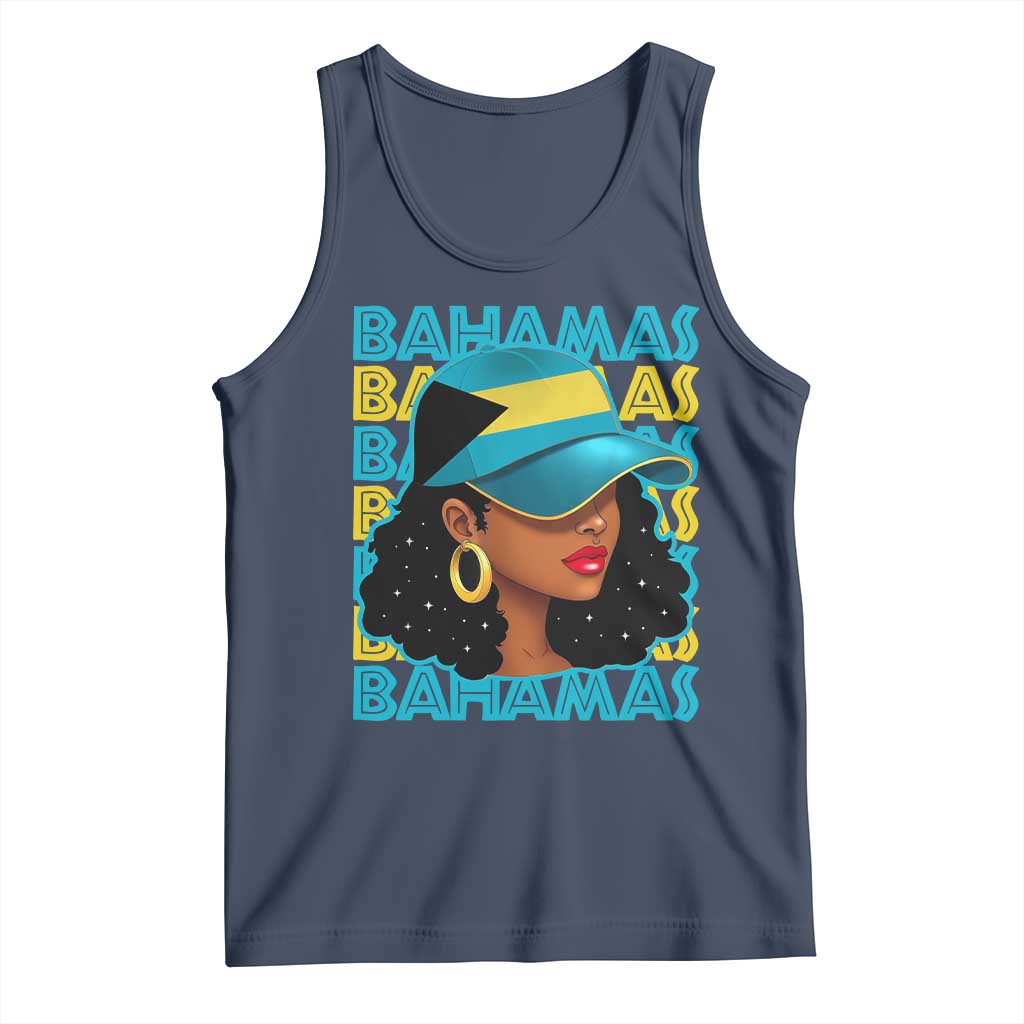 Bahamian Girl Tank Top Melanin Afro Messy Bun Black Woman Bahamas Flag TS10 Navy Print Your Wear