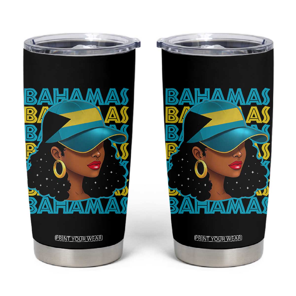 Bahamian Girl Tumbler Cup Melanin Afro Messy Bun Black Woman Bahamas Flag TS10 Black Print Your Wear
