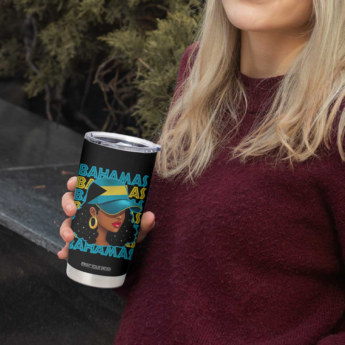 Bahamian Girl Tumbler Cup Melanin Afro Messy Bun Black Woman Bahamas Flag TS10 Print Your Wear
