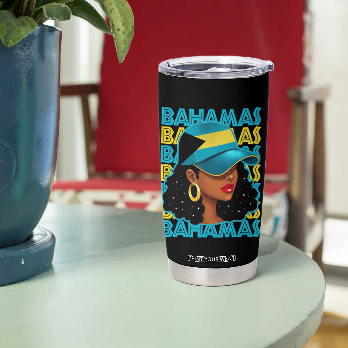 Bahamian Girl Tumbler Cup Melanin Afro Messy Bun Black Woman Bahamas Flag TS10 Print Your Wear