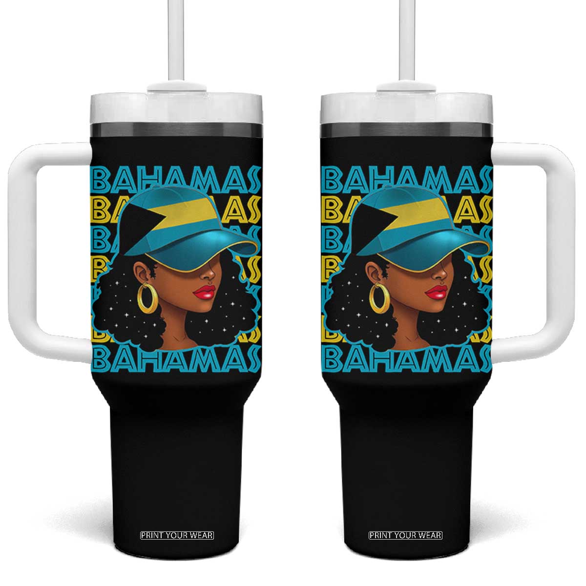 Bahamian Girl Tumbler With Handle Melanin Afro Messy Bun Black Woman Bahamas Flag TS10 One Size: 40 oz Black Print Your Wear