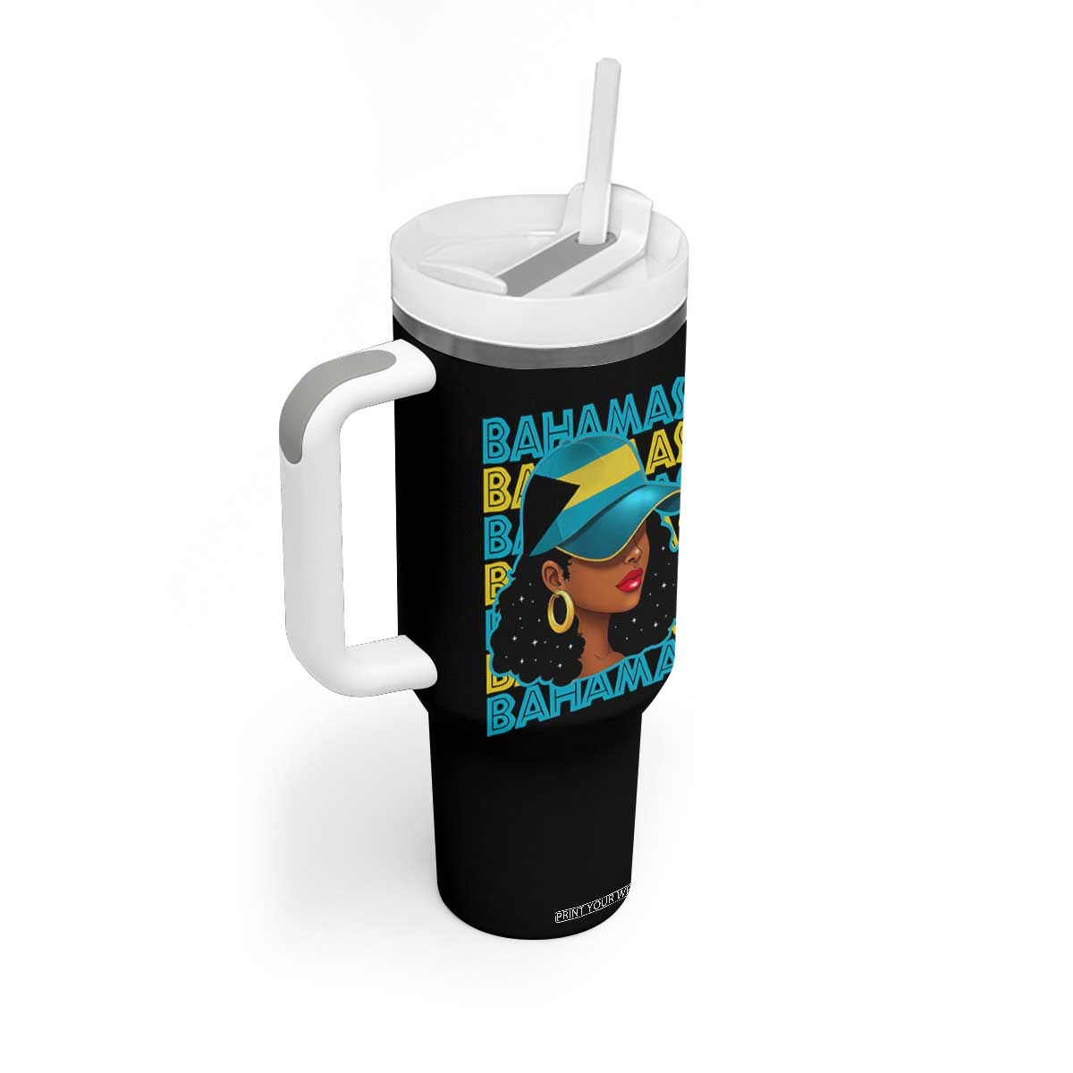 Bahamian Girl Tumbler With Handle Melanin Afro Messy Bun Black Woman Bahamas Flag TS10 Print Your Wear