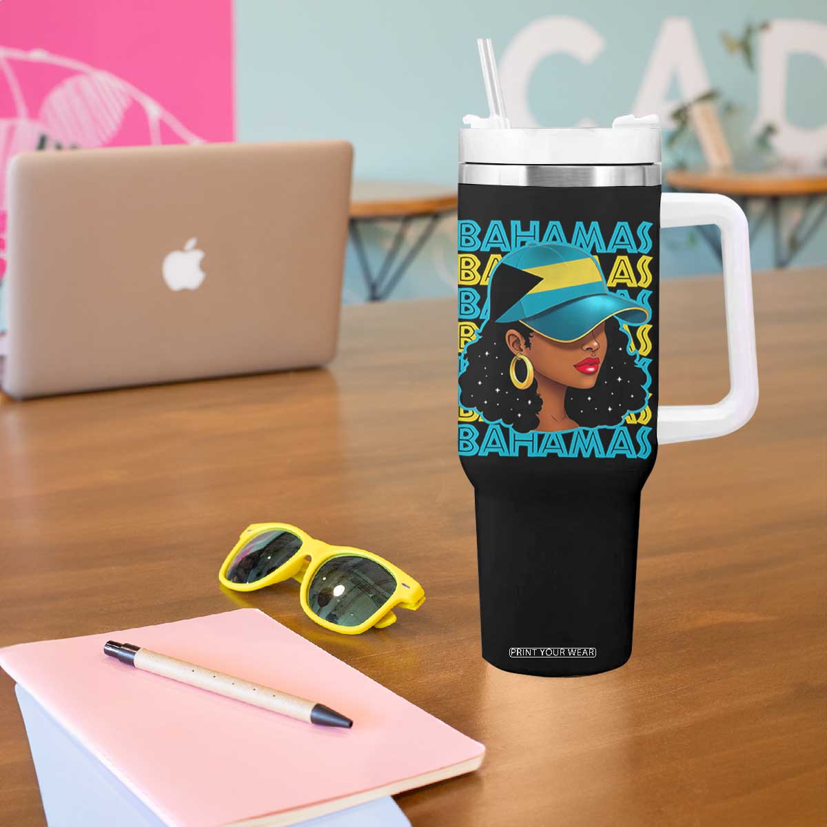 Bahamian Girl Tumbler With Handle Melanin Afro Messy Bun Black Woman Bahamas Flag TS10 Print Your Wear
