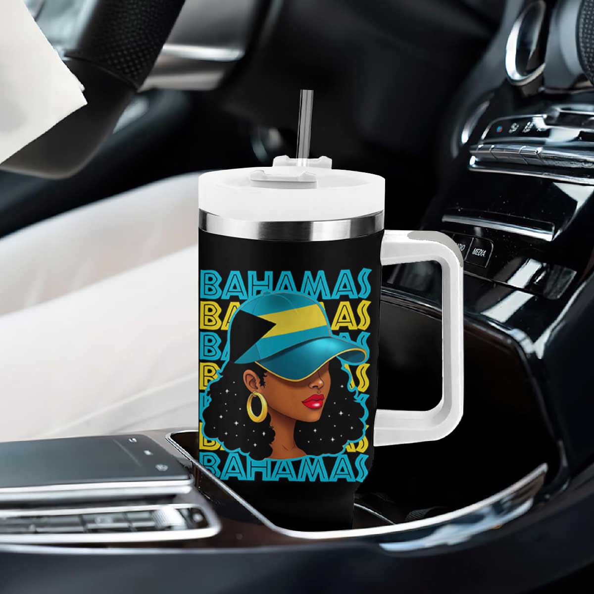 Bahamian Girl Tumbler With Handle Melanin Afro Messy Bun Black Woman Bahamas Flag TS10 Print Your Wear