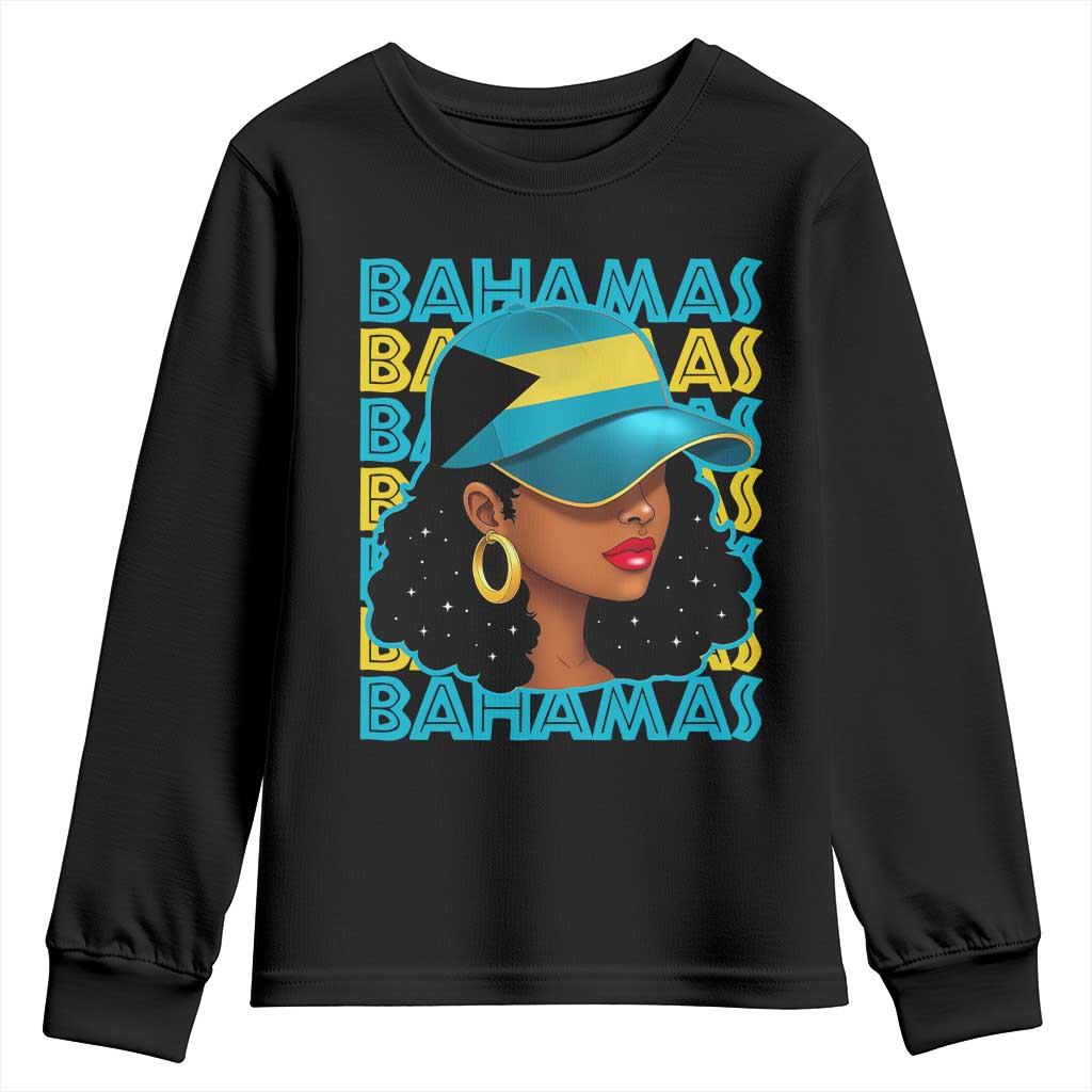 Bahamian Girl Youth Sweatshirt Melanin Afro Messy Bun Black Woman Bahamas Flag TS10 Black Print Your Wear