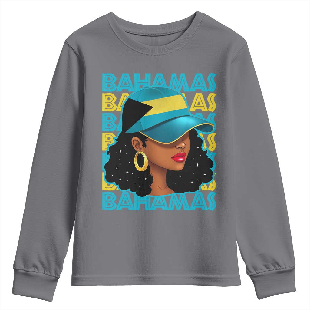 Bahamian Girl Youth Sweatshirt Melanin Afro Messy Bun Black Woman Bahamas Flag TS10 Charcoal Print Your Wear
