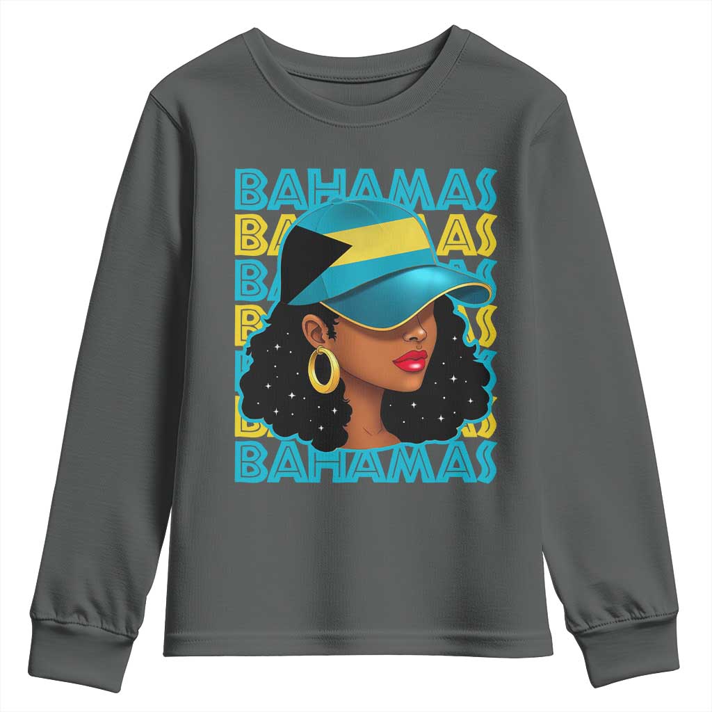 Bahamian Girl Youth Sweatshirt Melanin Afro Messy Bun Black Woman Bahamas Flag TS10 Dark Heather Print Your Wear