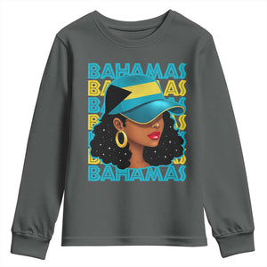 Bahamian Girl Youth Sweatshirt Melanin Afro Messy Bun Black Woman Bahamas Flag TS10 Dark Heather Print Your Wear