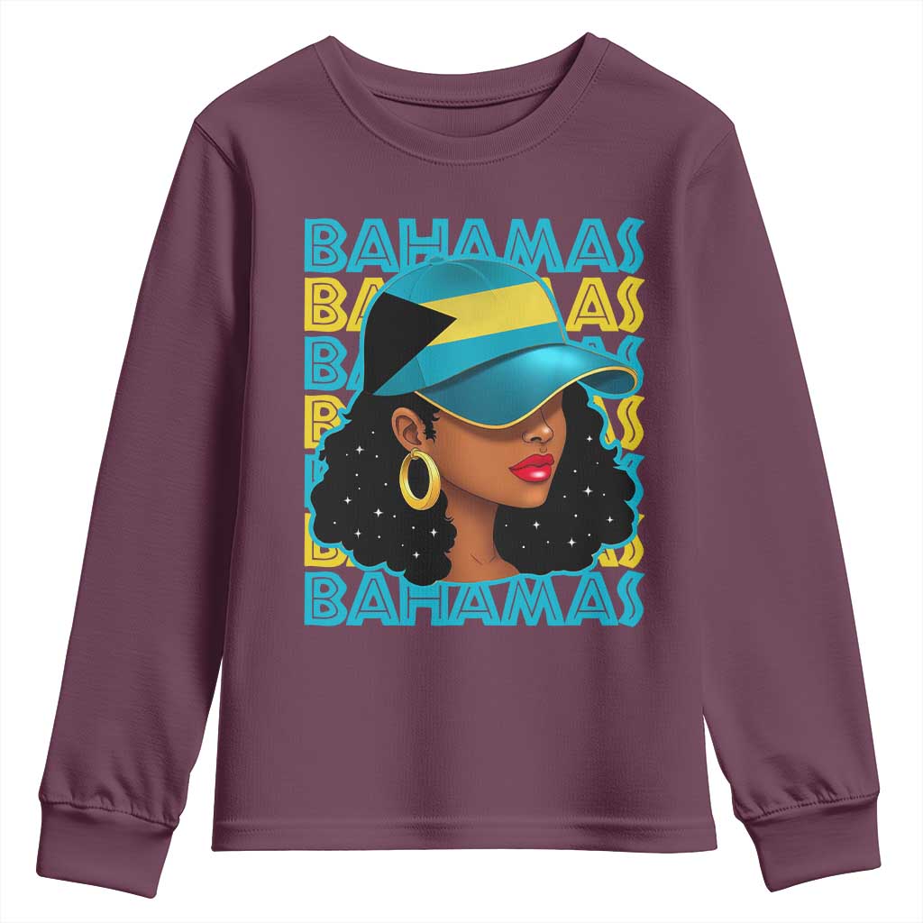Bahamian Girl Youth Sweatshirt Melanin Afro Messy Bun Black Woman Bahamas Flag TS10 Maroon Print Your Wear