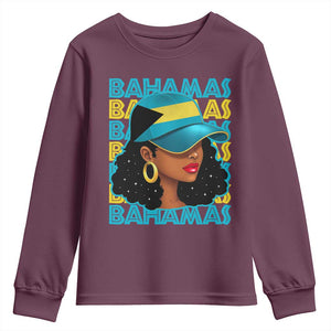 Bahamian Girl Youth Sweatshirt Melanin Afro Messy Bun Black Woman Bahamas Flag TS10 Maroon Print Your Wear