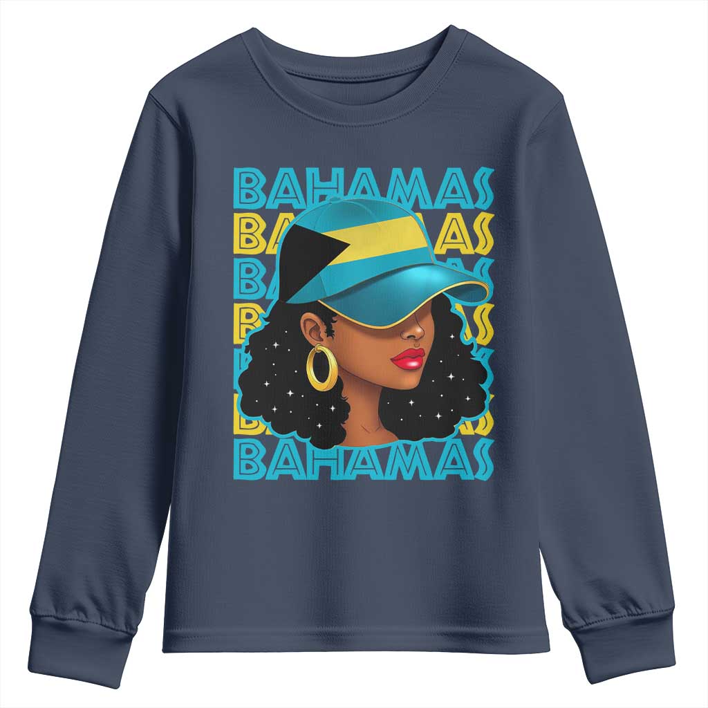 Bahamian Girl Youth Sweatshirt Melanin Afro Messy Bun Black Woman Bahamas Flag TS10 Navy Print Your Wear