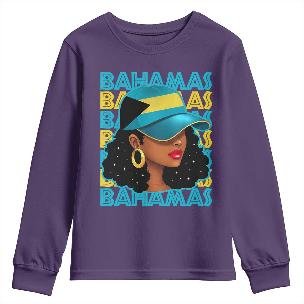 Bahamian Girl Youth Sweatshirt Melanin Afro Messy Bun Black Woman Bahamas Flag TS10 Purple Print Your Wear