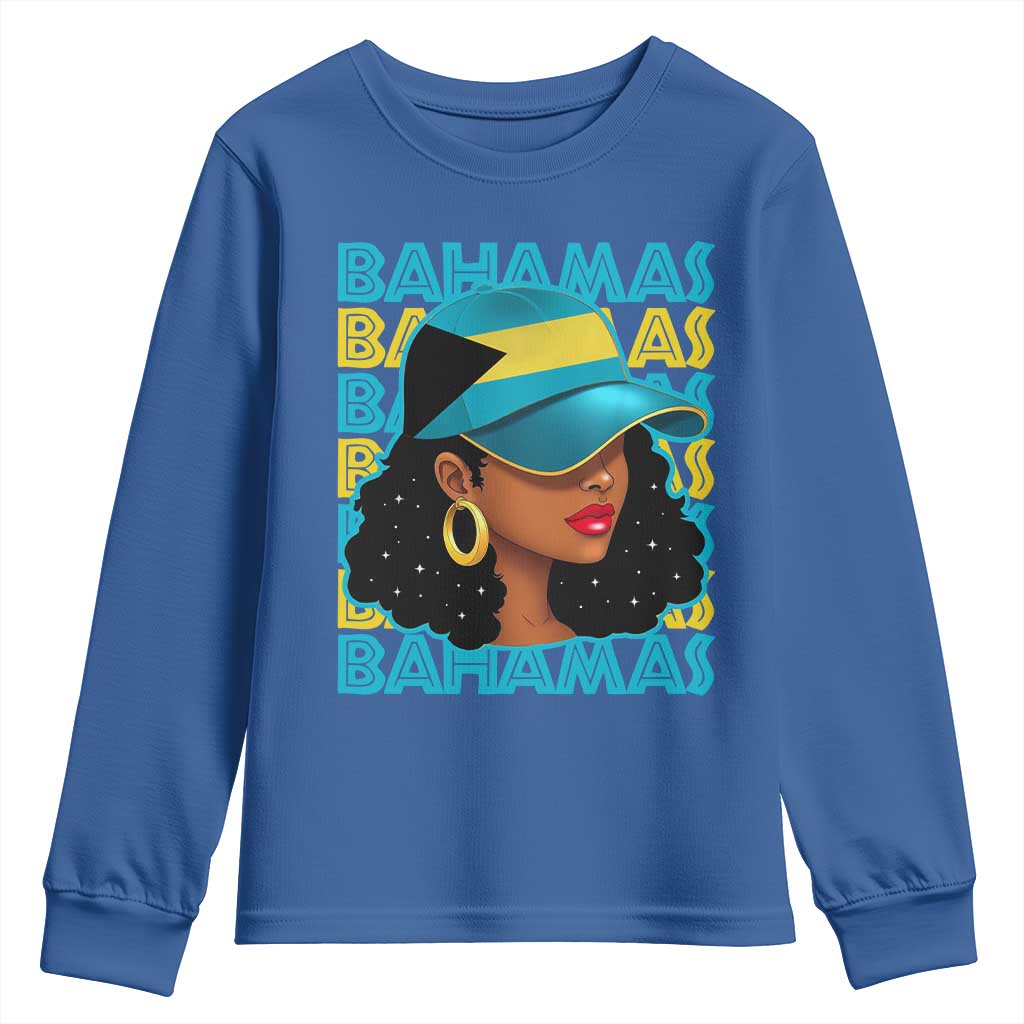 Bahamian Girl Youth Sweatshirt Melanin Afro Messy Bun Black Woman Bahamas Flag TS10 Royal Blue Print Your Wear