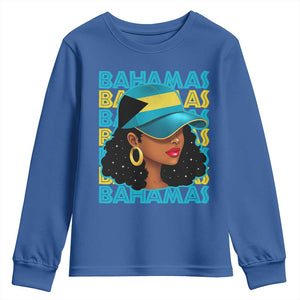 Bahamian Girl Youth Sweatshirt Melanin Afro Messy Bun Black Woman Bahamas Flag TS10 Royal Blue Print Your Wear