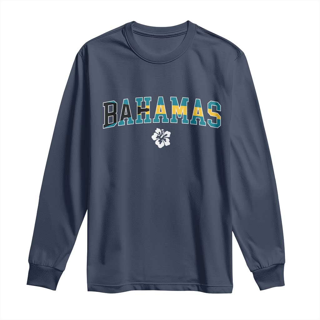 Bahamas Flag Long Sleeve Shirt Caribbean Hibiscus Flower Beach Summer Vacation TS10 Navy Print Your Wear