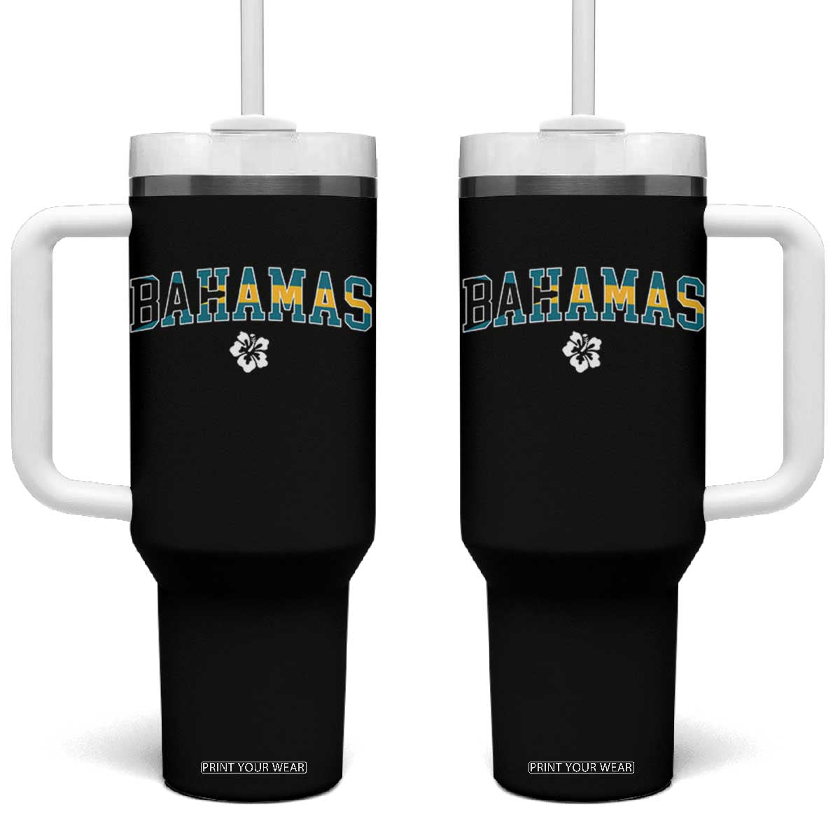 Bahamas Flag Tumbler With Handle Caribbean Hibiscus Flower Beach Summer Vacation TS10 One Size: 40 oz Black Print Your Wear