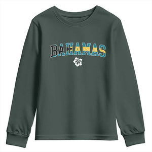 Bahamas Flag Youth Sweatshirt Caribbean Hibiscus Flower Beach Summer Vacation TS10 Dark Forest Green Print Your Wear