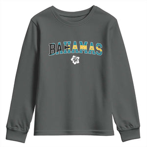 Bahamas Flag Youth Sweatshirt Caribbean Hibiscus Flower Beach Summer Vacation TS10 Dark Heather Print Your Wear