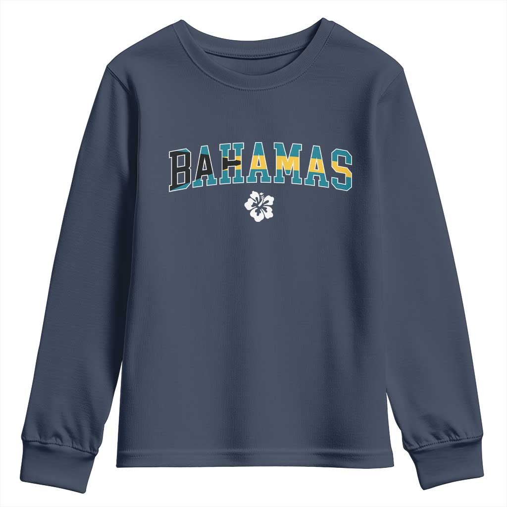 Bahamas Flag Youth Sweatshirt Caribbean Hibiscus Flower Beach Summer Vacation TS10 Navy Print Your Wear