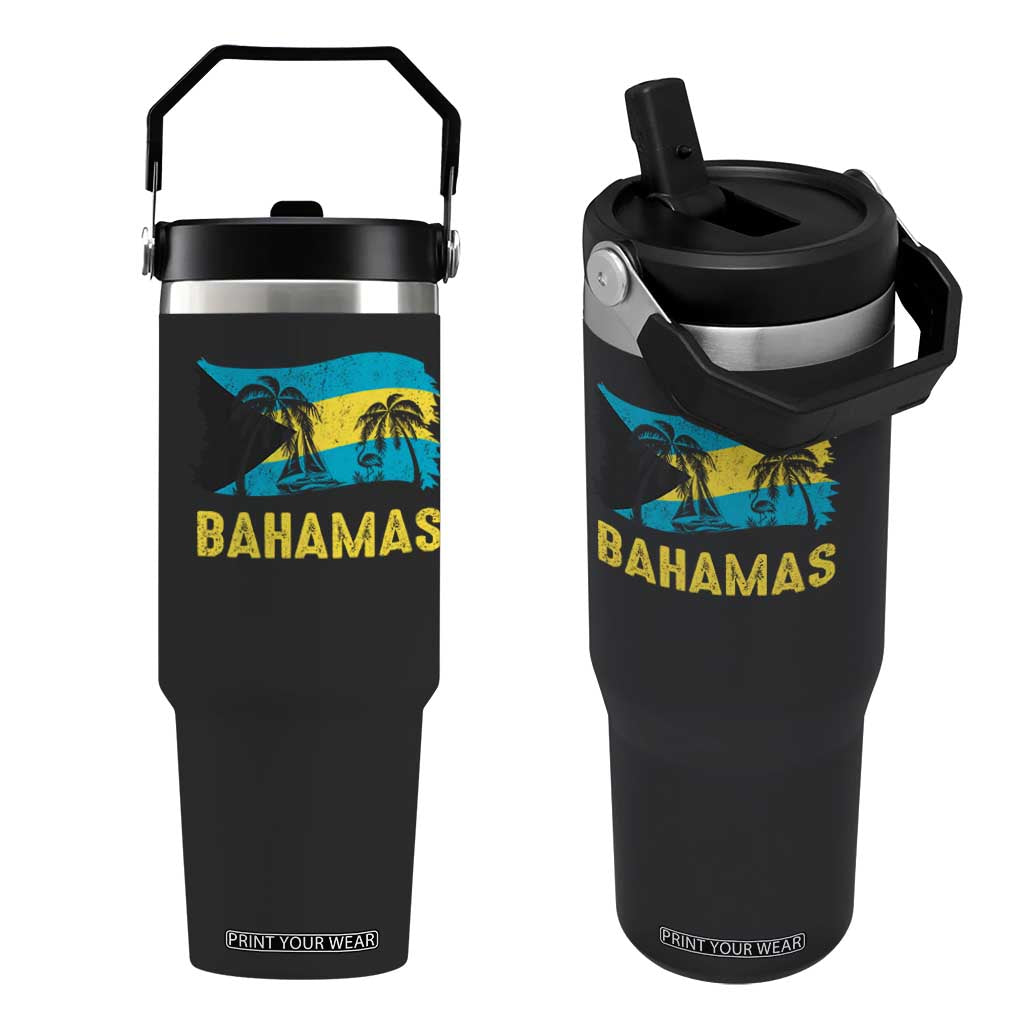 Bahamas Flag Flip Straw Tumbler Tropical Island Palm Trees Bahamian Gifts TS10 One Size: 30 oz Black Print Your Wear