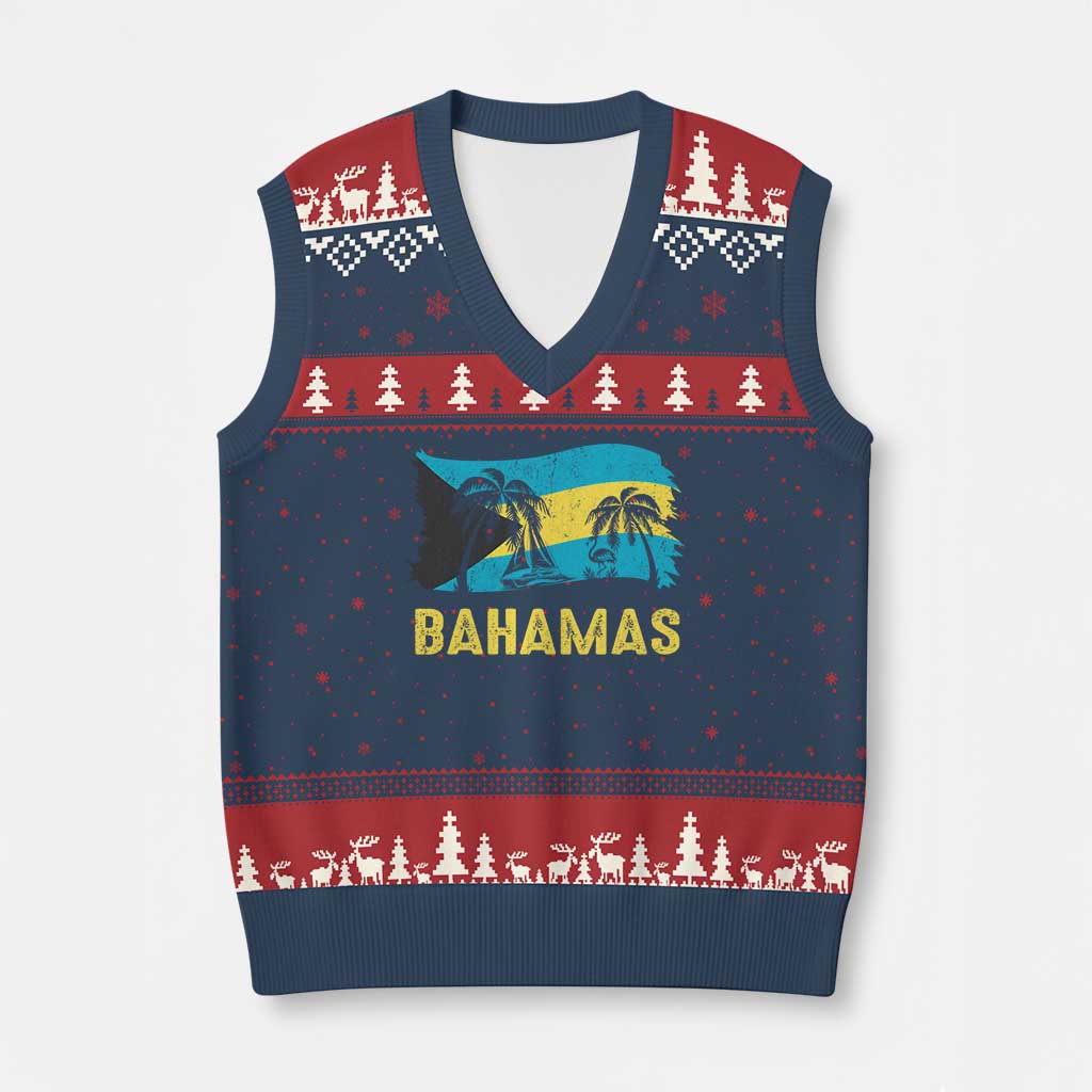 Bahamas Flag V-Neck Knit Sweater Vest Tropical Island Palm Trees Bahamian Gifts TS10 Navy Red Print Your Wear