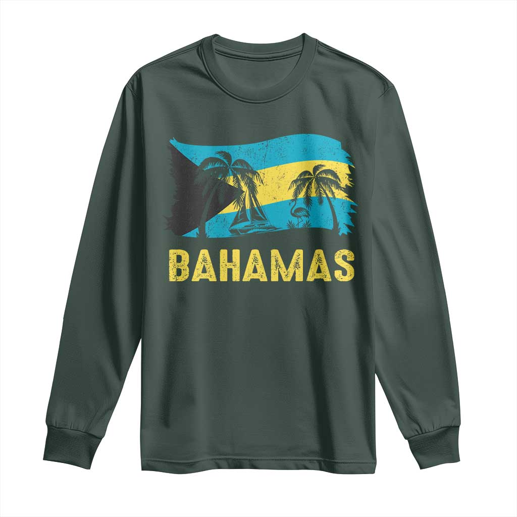 Bahamas Flag Long Sleeve Shirt Tropical Island Palm Trees Bahamian Gifts TS10 Dark Forest Green Print Your Wear