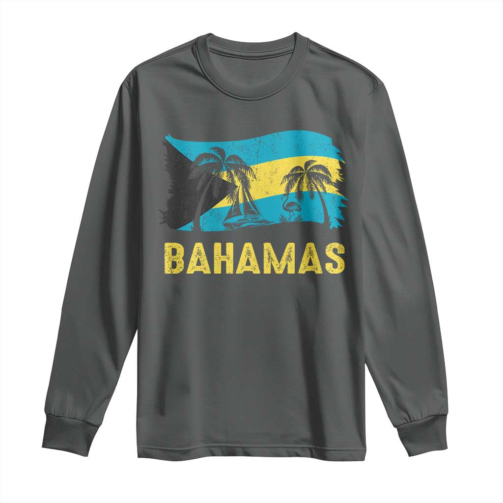 Bahamas Flag Long Sleeve Shirt Tropical Island Palm Trees Bahamian Gifts TS10 Dark Heather Print Your Wear
