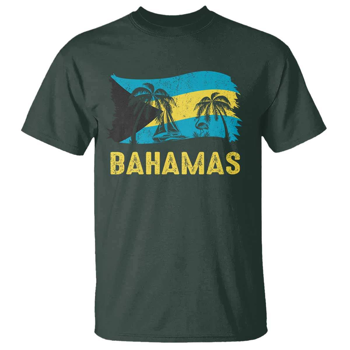 Bahamas Flag T Shirt Tropical Island Palm Trees Bahamian Gifts TS10 Dark Forest Green Print Your Wear