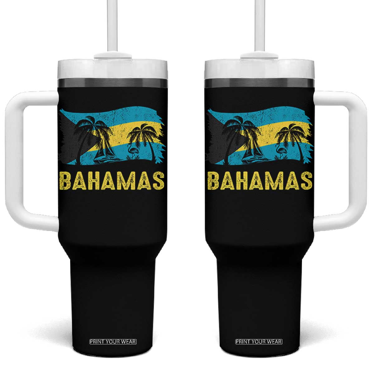Bahamas Flag Tumbler With Handle Tropical Island Palm Trees Bahamian Gifts TS10 One Size: 40 oz Black Print Your Wear