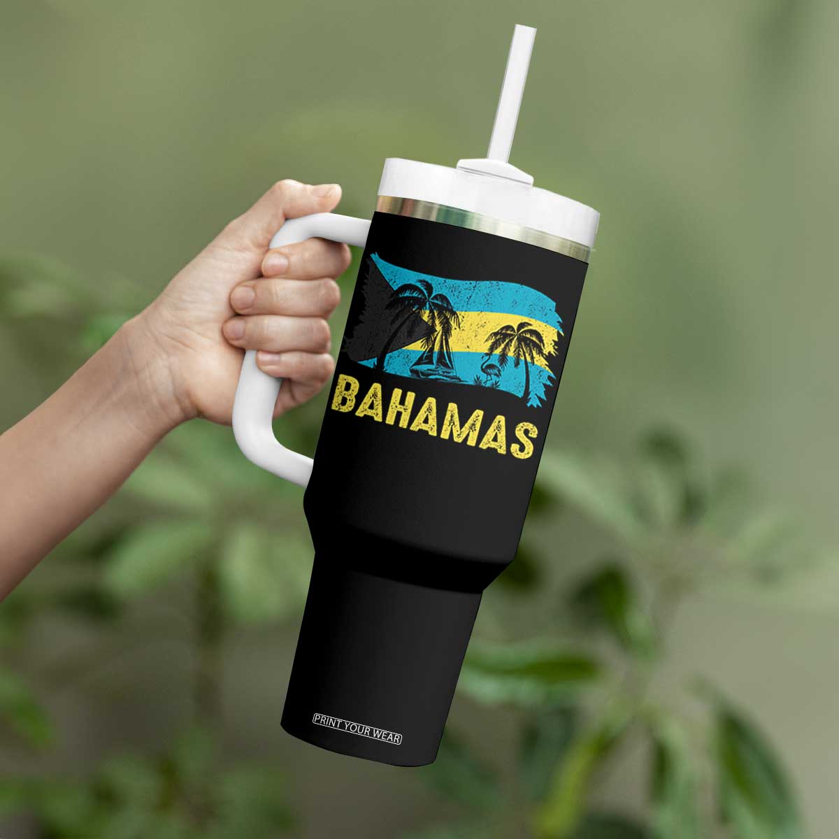 Bahamas Flag Tumbler With Handle Tropical Island Palm Trees Bahamian Gifts TS10 Print Your Wear